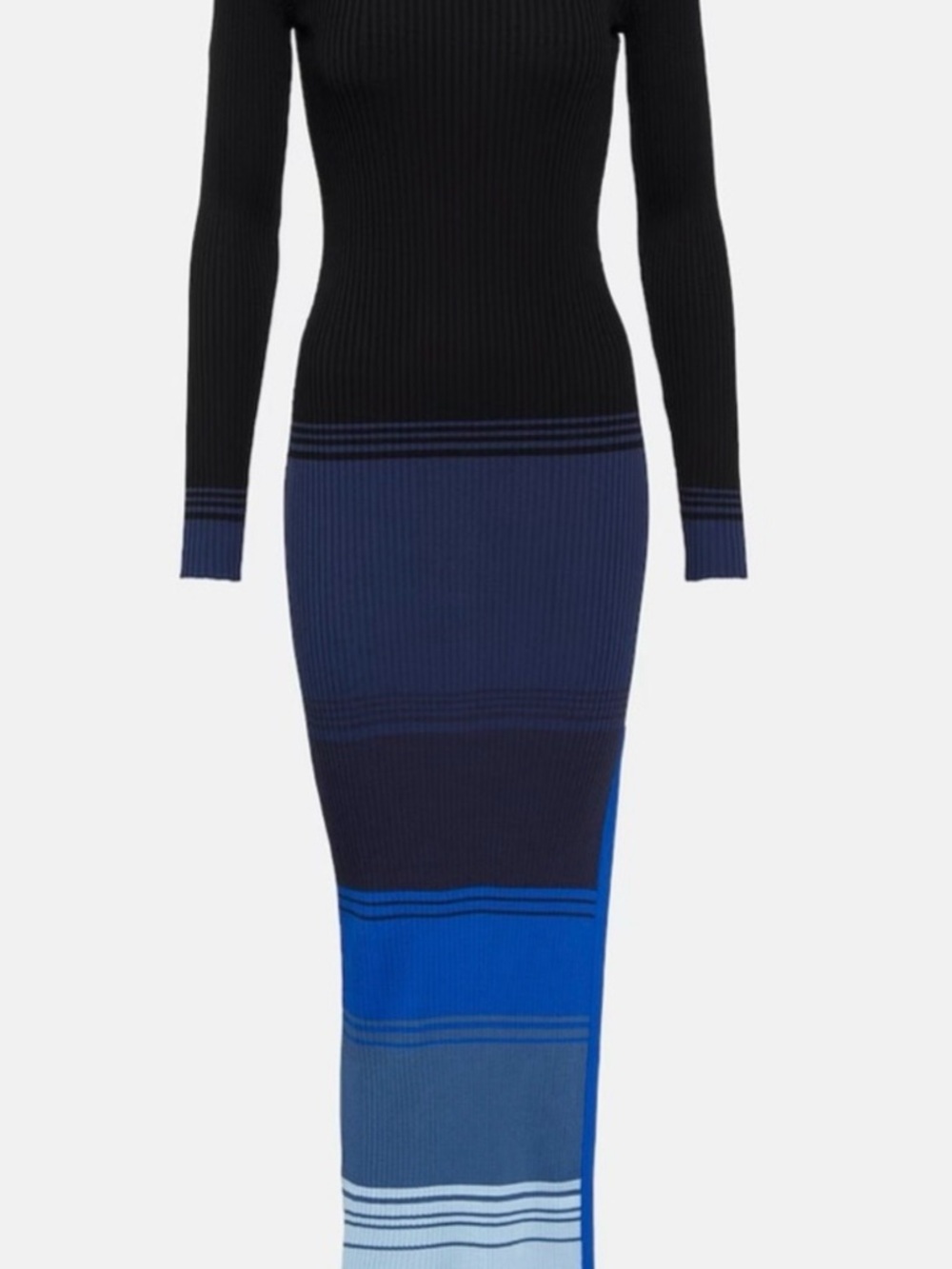 STAUD Black and Blue Striped Ribbed Long Sleeve Maxi Dress